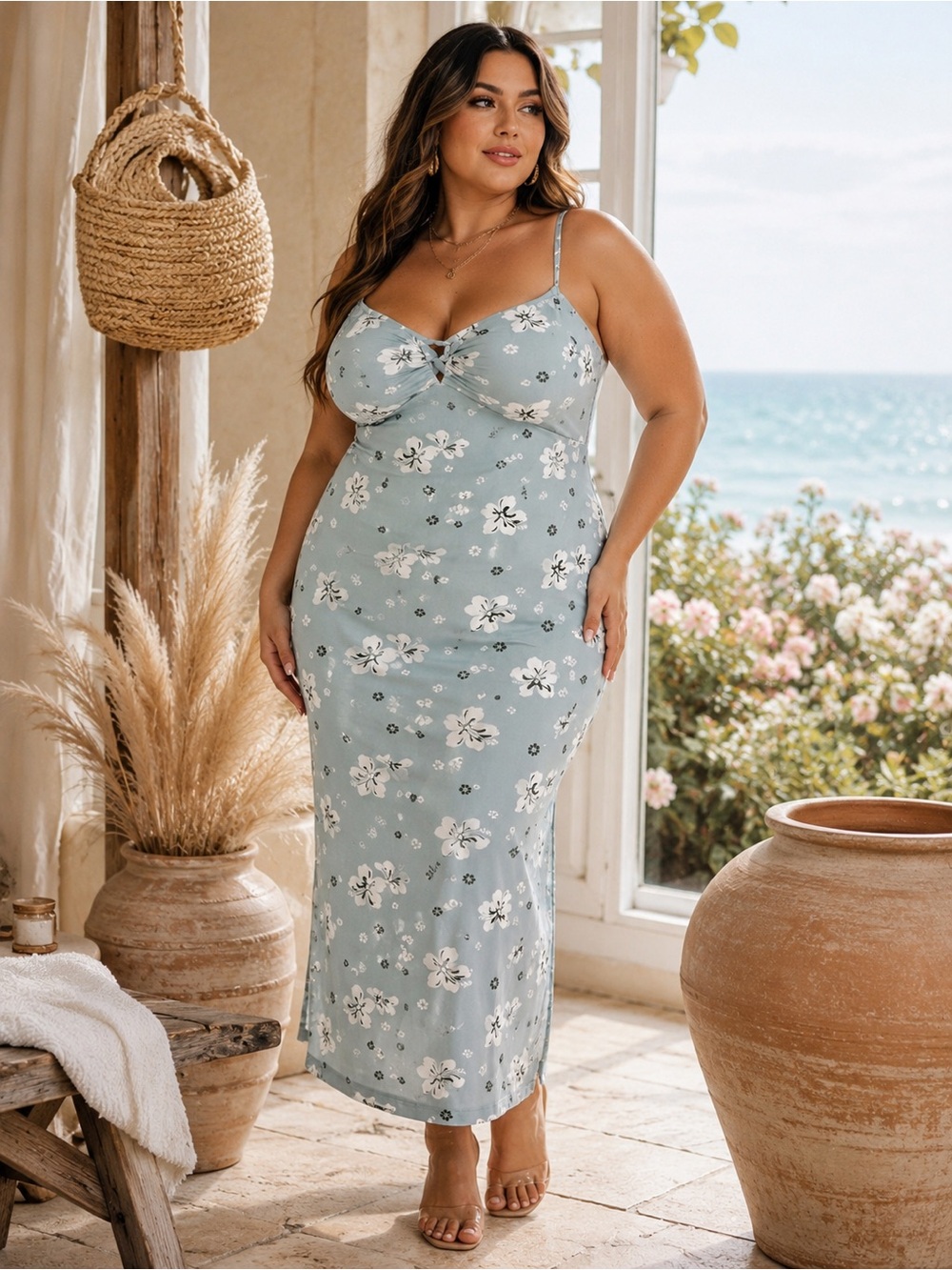 Floral Midi Dress XXL Blue Y2K Tropical Bodycon Padded Bust Vacation Resortwear